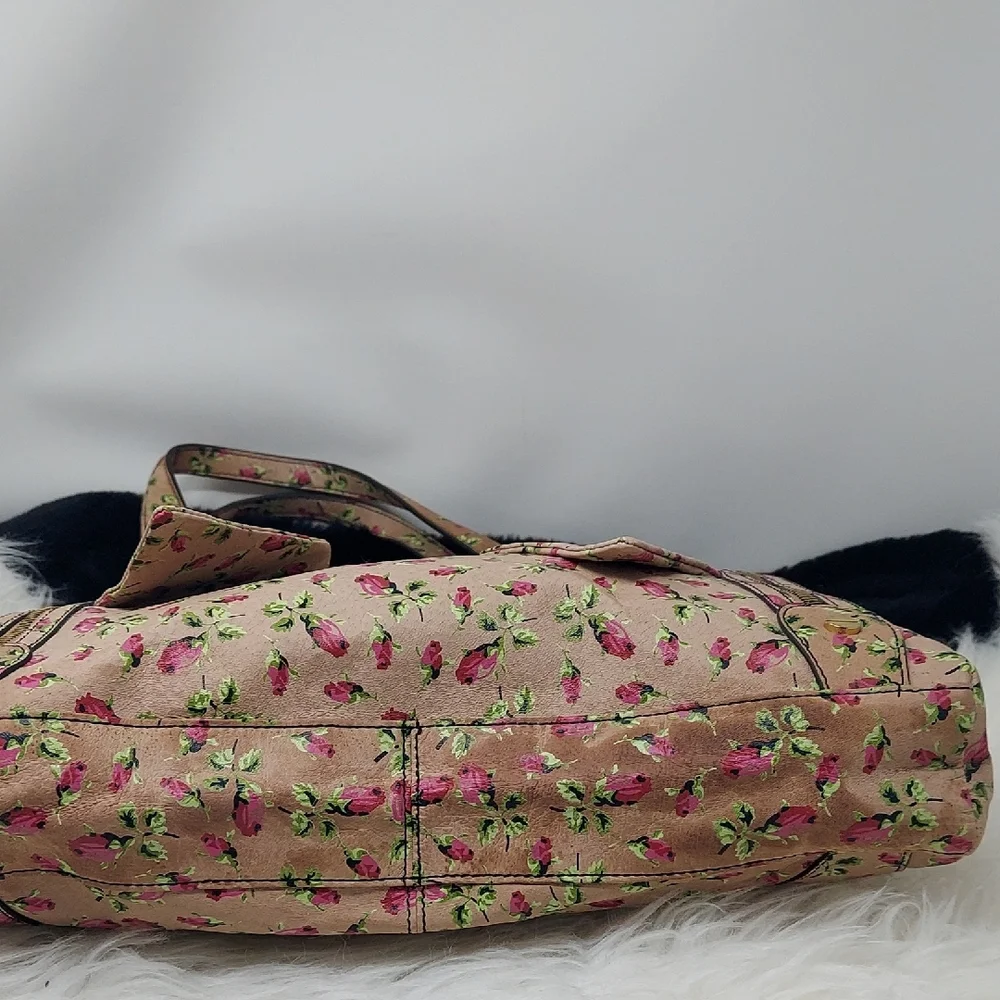 Betsey Johnson Beige Floral Tote with Pink Roses and Green Leaves